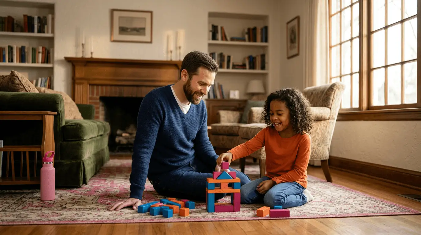 man and daughter playing with blocks on the living room floor