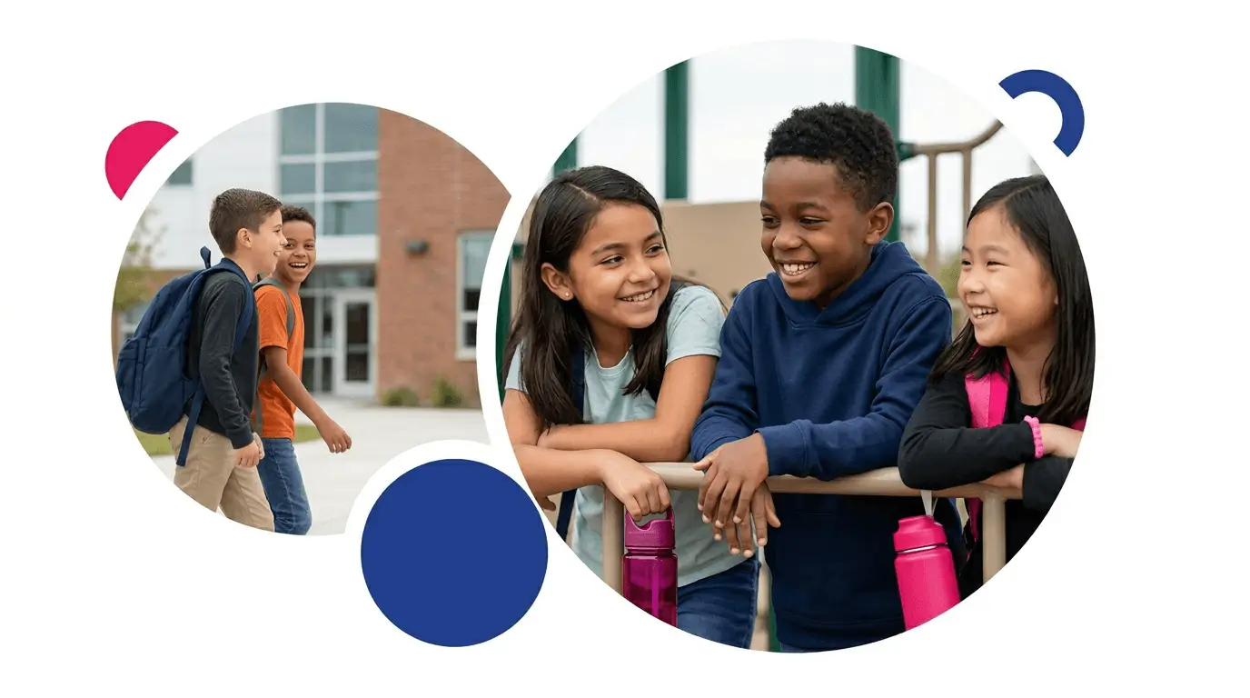 a graphic of school children talking and walking in front of the school