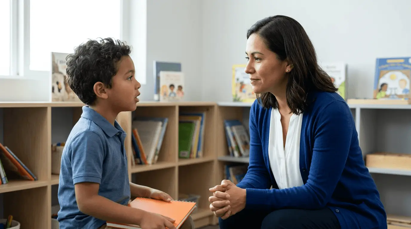 a child confiding with a teacher in an empty classroom