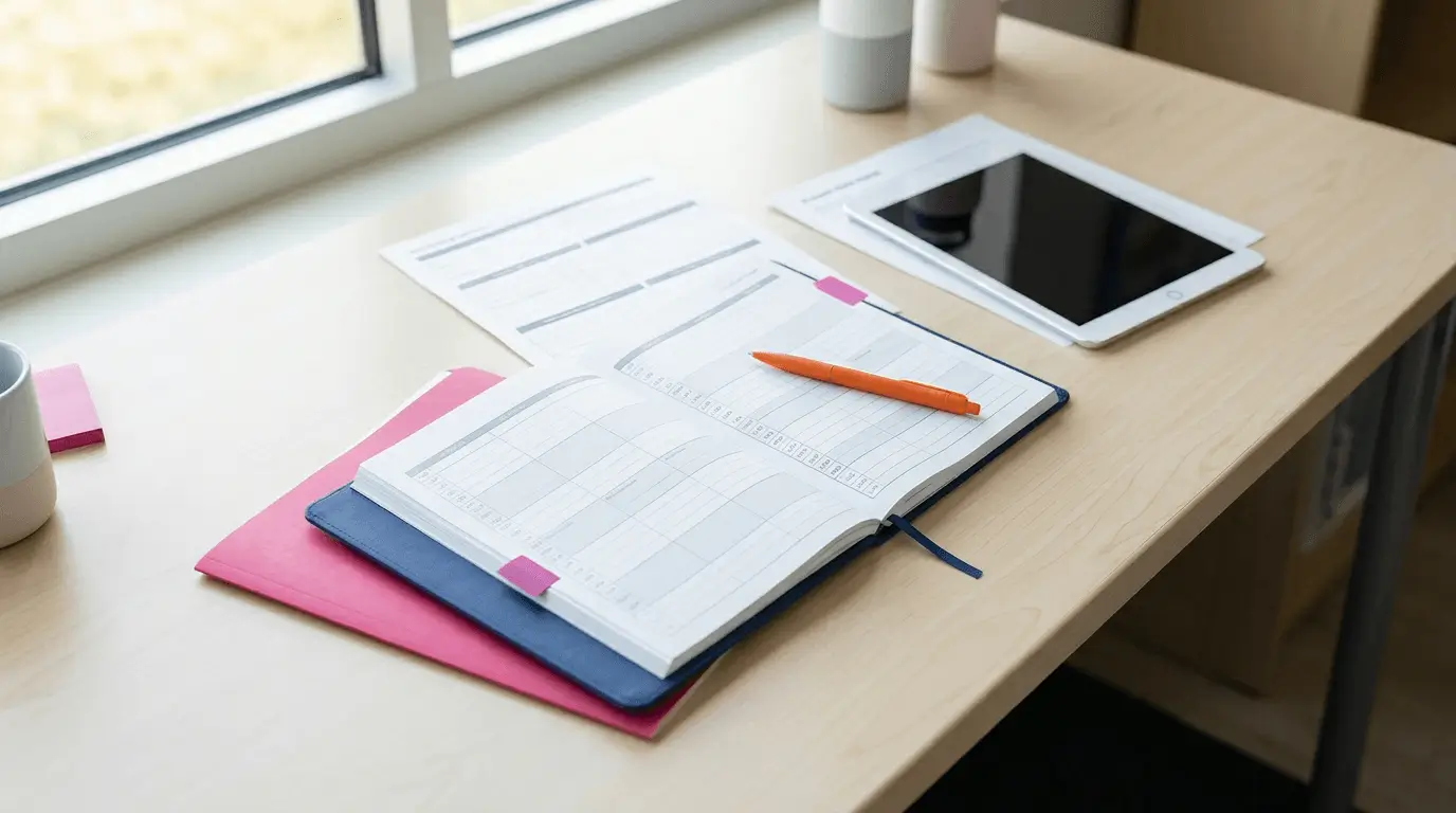 a planner on on a desk next to an ipad