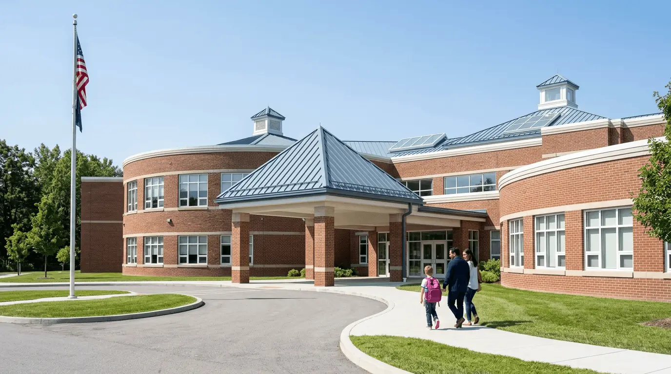 a wide shot of a Utah school with a few students entering the building